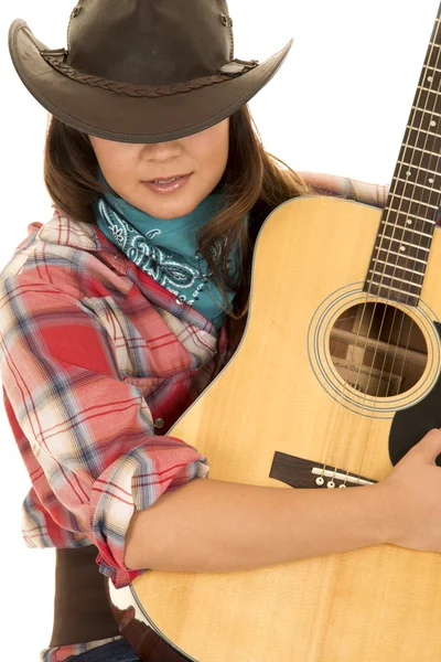Cowgirl žena s kytarou — Stock fotografie