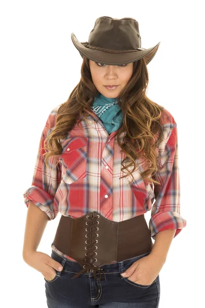 Cowgirl in red plaid shirt Royalty Free Stock Photos