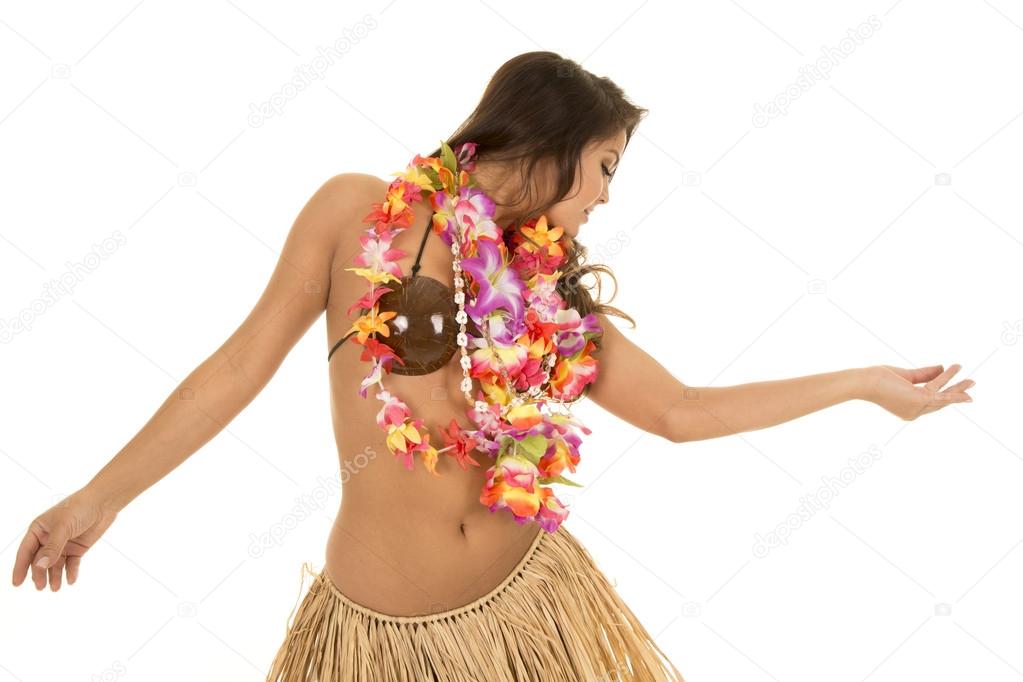 Female Hawaiian Hula dancer wearing coconut bikini, yellow lei