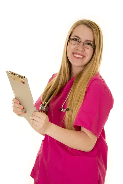 Nurse in glasses and in pink suit — Stock Photo, Image