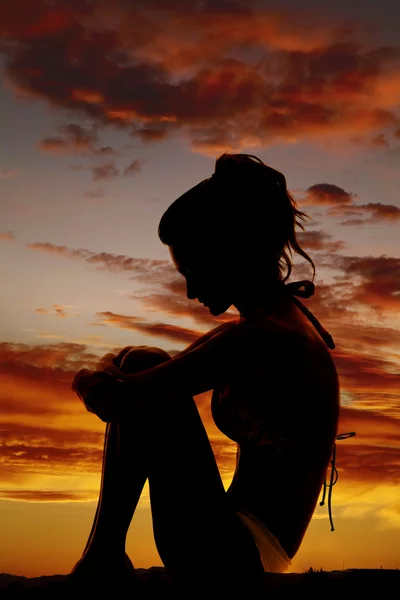 Profile of a Sad Young Woman Silhouette in Swimsuit Stock Image