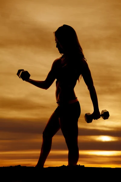 Silhouette of woman with dumbbells — Stock Photo, Image