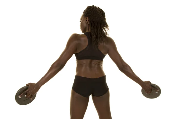 Fit woman with weights, back view — Stock Photo, Image