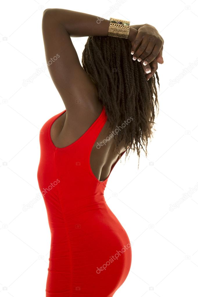 African American woman red dress back side