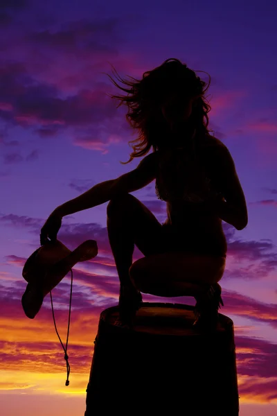 Silhouette of cowgirl woman on barrel — Stock Photo, Image