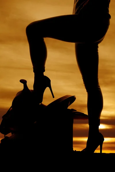 Silhouette of woman heel on saddle — Stock Photo, Image