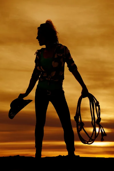 Silhouette of cowgirl with rope — Stock Photo, Image