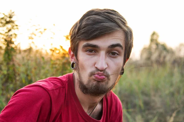 Close Informal Teen Boy Fields Growing Weed Plants Sunset — Stock Photo, Image