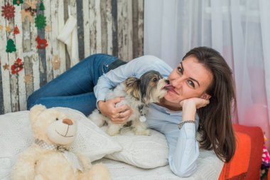 Mutlu Noeller ve mutlu yıllar! Köpek kunduzları York 'u çiftleştirir. Sahibiyle yastıkta mutlu mesut eğlenirler..