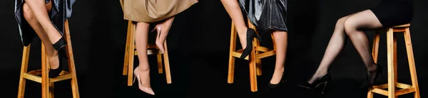 Frauenbeine Und Stöckelschuhe Auf Schwarzem Hintergrund Vier Frauen — Stockfoto