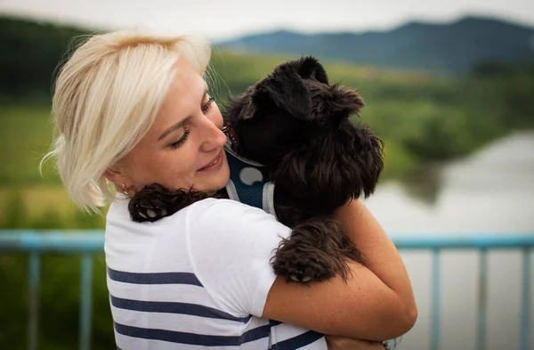Cute Woman Close Portrait Hugging Miniature Schnauzer Dog Walk Smiling — Stok fotoğraf