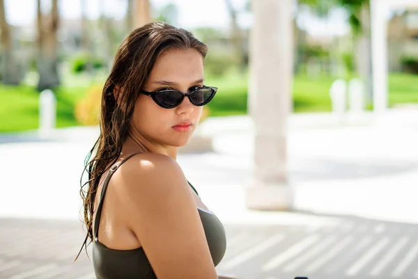 Fashion Portrait Cute Young Teenage Girl Woman Posing Summer Swimsuit — Stock Photo, Image