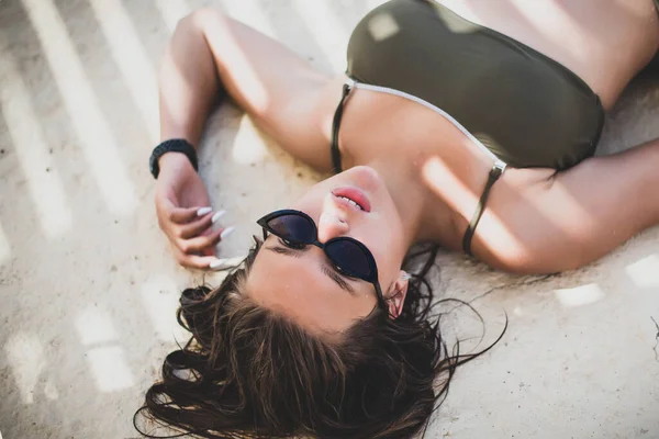 Fashion Cute Young Teenage Girl Woman Posing Lying Summer Swimsuit — стоковое фото