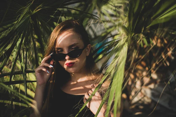 Frau Mit Sonnenbrille Posiert Mit Palme Porträt Der Schönen Teenager — Stockfoto