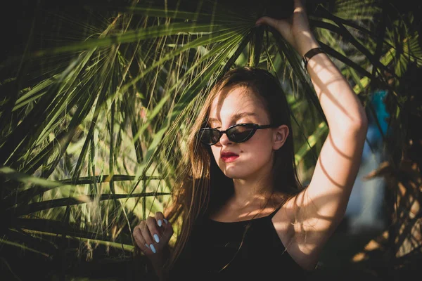 Frau Mit Sonnenbrille Posiert Mit Palme Porträt Der Schönen Teenager — Stockfoto