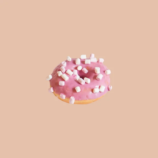 Creative Photo Painted Donut Pink Background Pink Glaze White Marshmellow — Stock Photo, Image