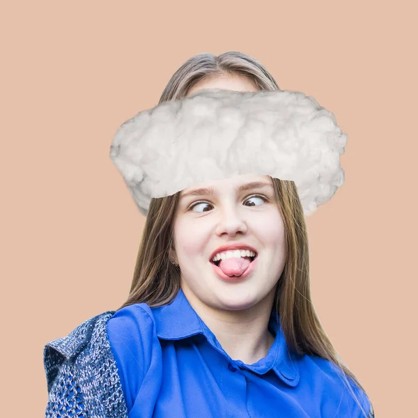 Contemporary modern art collage in magazine style with happy emotions,emotional concept. The head explodes. Cloud in the head. Brain blast! Pink background
