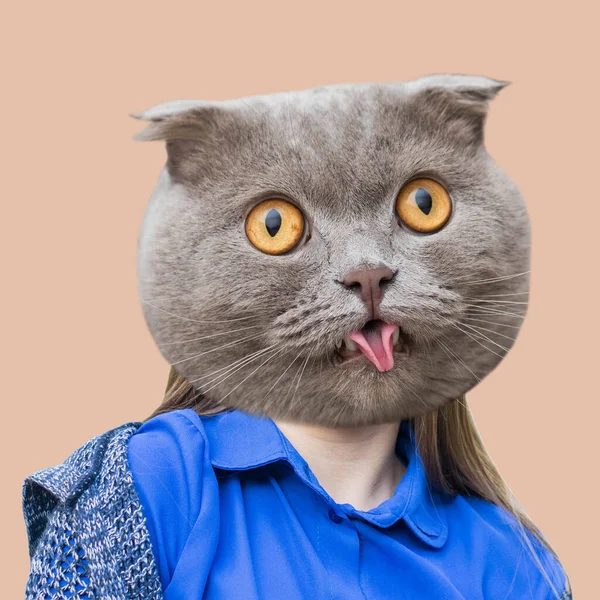 Söt Tonåring Flicka Med Huvud Rolig Katt Visar Tonque Rosa — Stockfoto