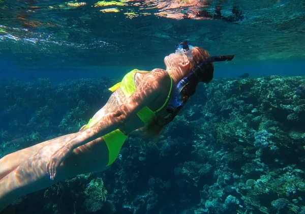 Подводный Выстрел Милая Девушка Подросток Ныряет Аквалангом Тропическом Море Туристический — стоковое фото