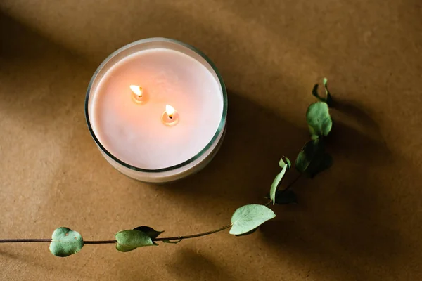 wooden wick candle. Handmade candle from paraffin and soy wax in glass with flowers and leaf on craft background. Let flay. Candle making. Top view.