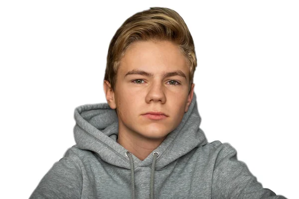 Κοντινό Πλάνο Πορτρέτο Του Νεαρού Χαριτωμένο Έφηβος Λευκό Απομονώνονται Λευκό — Φωτογραφία Αρχείου