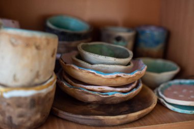 Boş kase kırsal ahşap, Japon el yapımı seramik kase, seramik doku.