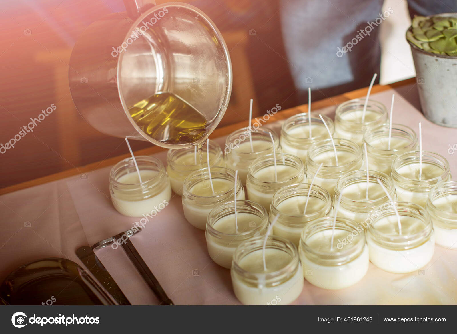 Woman Pouring Melted Wax Amber Candles Container Ecological Vegan