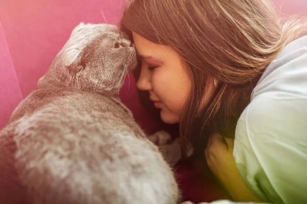 Mujer Joven Linda Adolescente Jugando Con Gato Casa Descansando Sofá —  Fotos de Stock