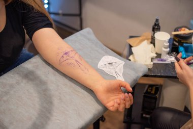 Müşterinin kolundaki geçici dövmeyi kapat. Hazırlık. Robot resmi vücuda aktar..