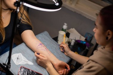 Müşterinin kolundaki geçici dövmeyi kapat. Hazırlık. Robot resmi vücuda aktar..