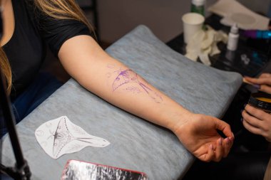 Müşterinin kolundaki geçici dövmeyi kapat. Hazırlık. Robot resmi vücuda aktar..