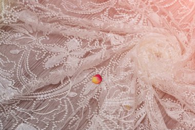 Beyaz ahşap arka plan, beyaz bahar çiçekleri güller ve dantel kurdeleler. Mutlu kadınlar günü. Tahta zemindeki dantelin dokusu.