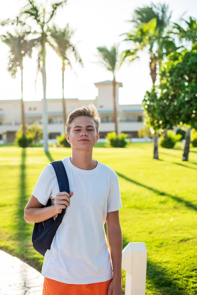 Cute Young Teenage Boy Posing Having Fun Beach Palm Trees — Stock Photo, Image