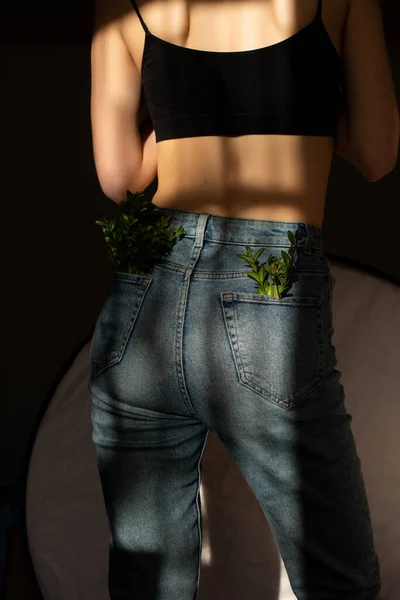Green Plants Jean Pocket Beauty Portrait Back Beautiful Young Girl — Stock Photo, Image