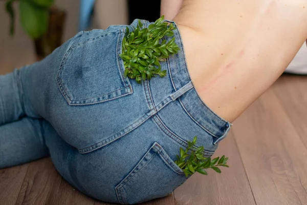 Green plants in jean pocket. Beauty portrait of a back beautiful young girl with a shadow pattern on body in the form of stripes. fashion, beauty. A girl with anorexia turned back.