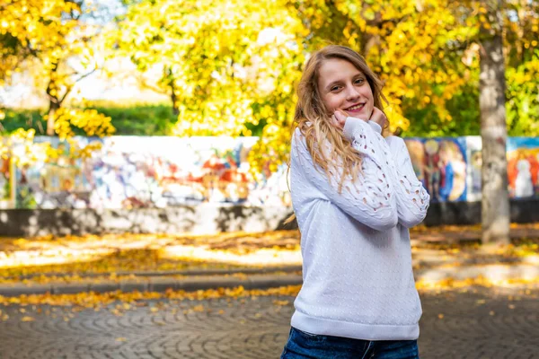 Schöne Niedliche Teenager Mädchen Die Herbst Draußen Spazieren Gehen Lächelnde — Stockfoto
