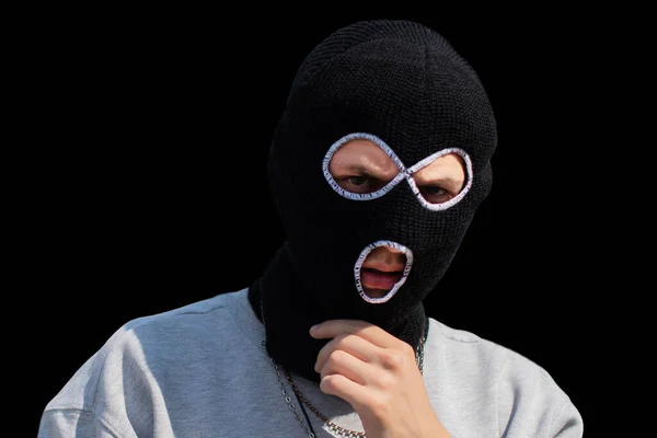 Primer Plano Cabeza Del Criminal Con Pasamontañas Negro Sudadera Con — Foto de Stock