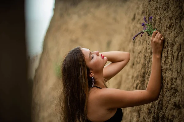 Cheerful Young Girl Spending Good Time Beach Beauty Portrait Cute — Stock Photo, Image