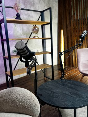 This vibrant space features two professional microphones ready for recording in a stylish podcasting studio. The backdrop includes shelves and a contemporary seating arrangement.