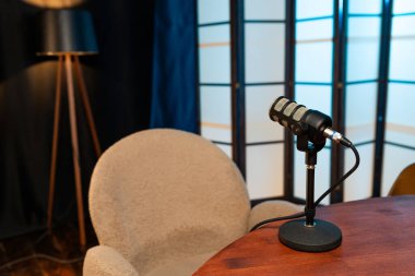 Kayıt alanındaki bir sandalyenin yanında bir mikrofon duruyor. Alan bir lambayla aydınlatılıyor ve ekran ayara derinlik katıyor. Bu kurulum podcast kaydı için hazır.