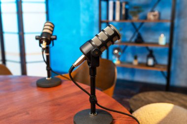 Podcast stüdyosundaki yuvarlak ahşap bir masada iki mikrofon duruyor. Arka planda raflar ve eşyalar var. Bu kurulum tartışmaları ve röportajları kaydetmek içindir..