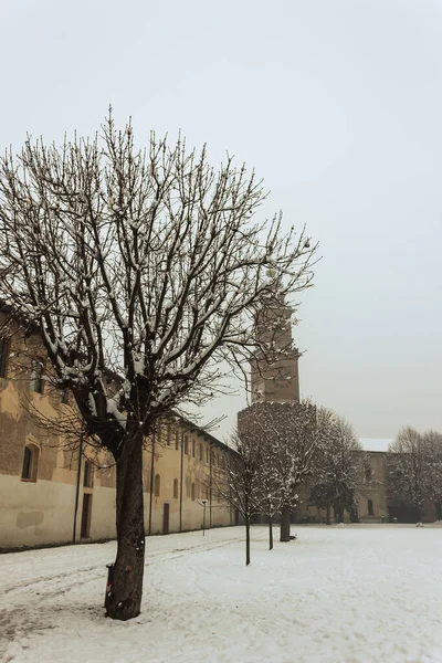 2012年降雪时 在维杰瓦诺历史建筑的中心散步 可以看到杜卡莱广场和维杰瓦诺的斯福尔热斯科城堡 — 图库照片