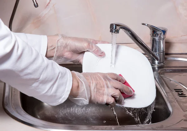 Womans Hands Gloves Washing Silver Metal Spoon Close Hand Sponge — Stock Photo, Image