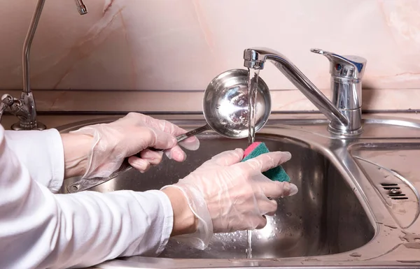 Womans Hands Gloves Washing Silver Metal Spoon Close Hand Sponge — Stock Photo, Image