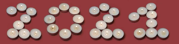 Happy New Year 2021 Creative Number 2021 White Candles Burning — Stock Photo, Image