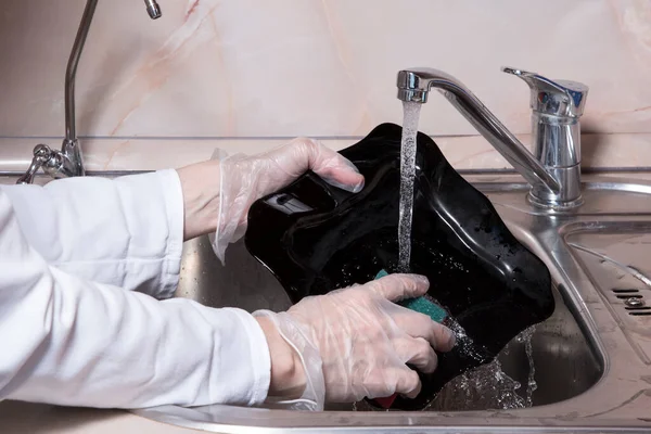 Womans Hands Gloves Washing Dish Fresh Water Kitchen Faucet Metal — Stock Photo, Image