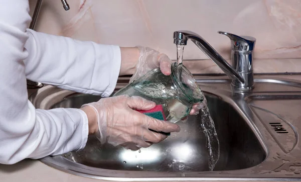 Womans Hands Gloves Washing Dish Fresh Water Kitchen Faucet Metal — Stock Photo, Image