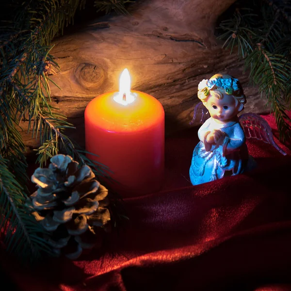 Christmas Decorations Little Toy Angel Bright Light Burning Candle Green — Stock Photo, Image