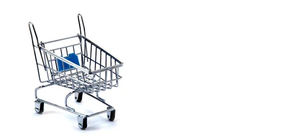 Leerer Mini Einkaufswagen Isoliert Auf Weißem Hintergrund Einkaufs Und Lebensmittelkonzept — Stockfoto