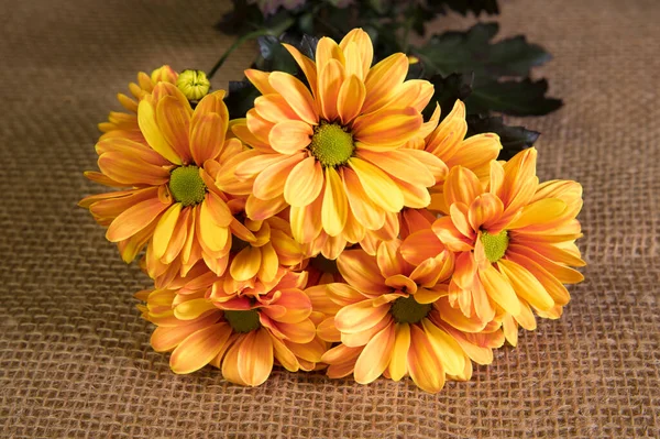 Boeket Van Gele Oranje Chrysant Bloemen Zak Achtergrond — Stockfoto